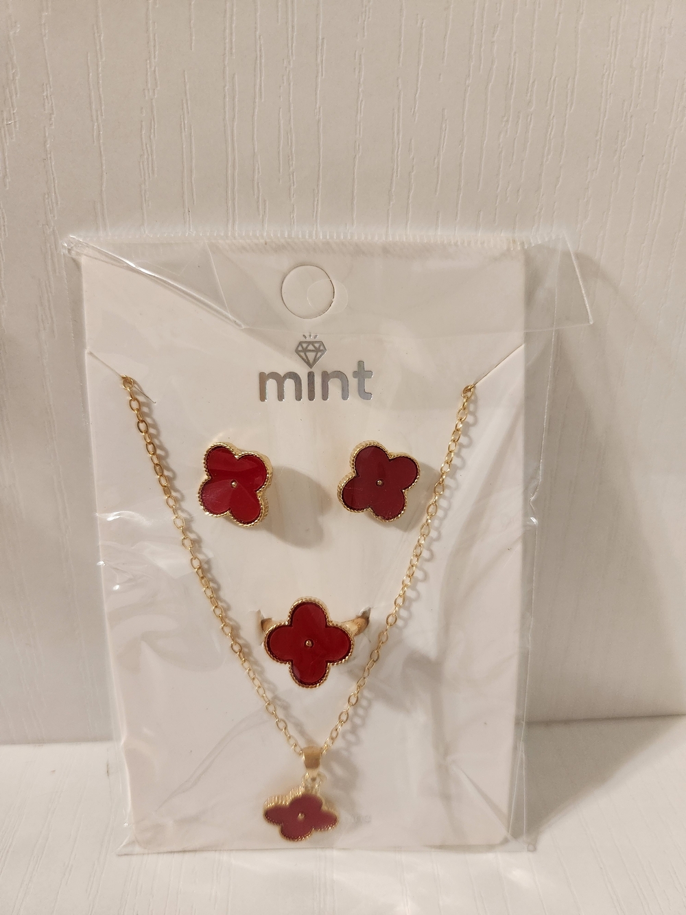 Mint Red Flower Pendant Necklace & Earrings NWT